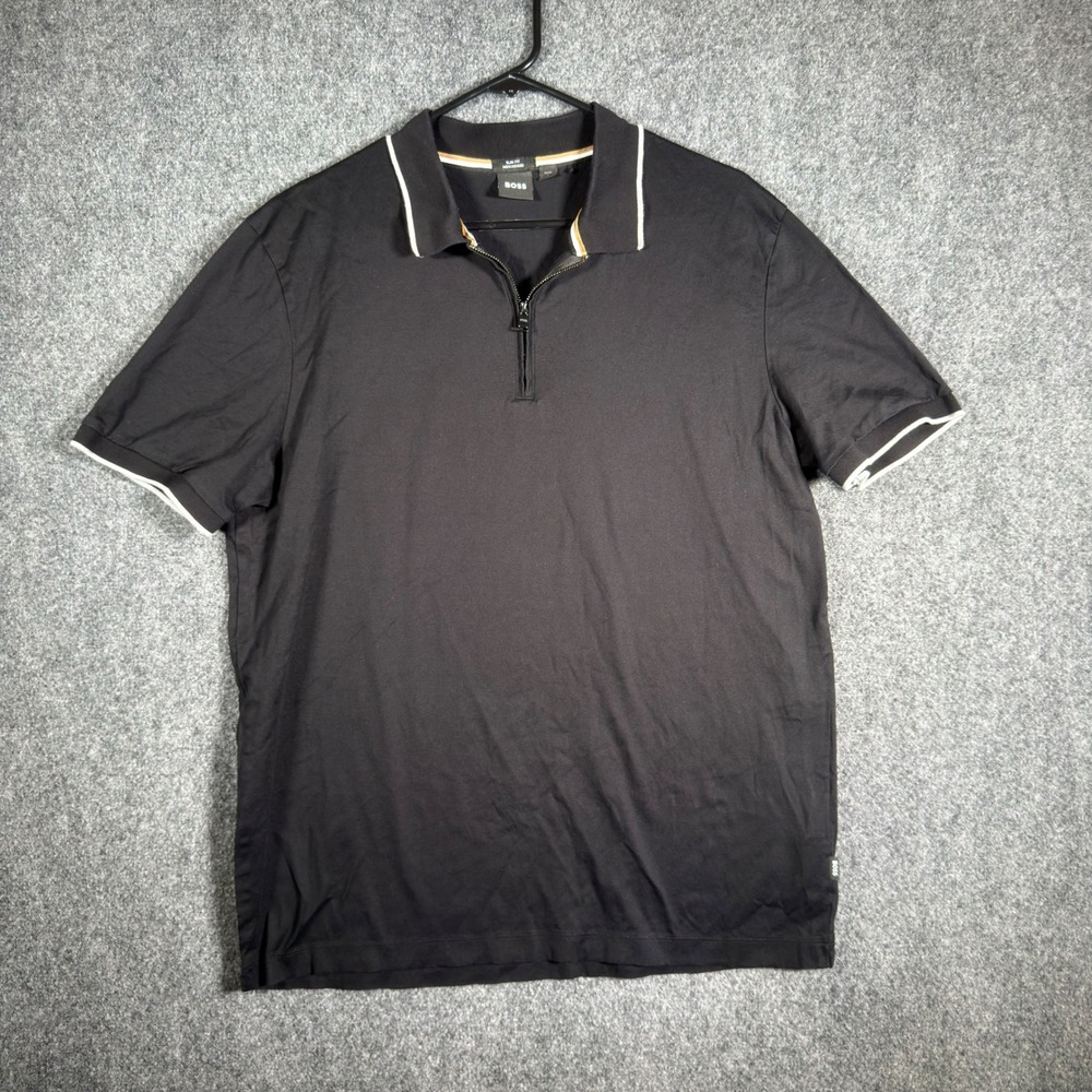 BOSS Slim Fit Mercerised Polo Shirt Mens XL Black Quarter Zip Short Sleeve